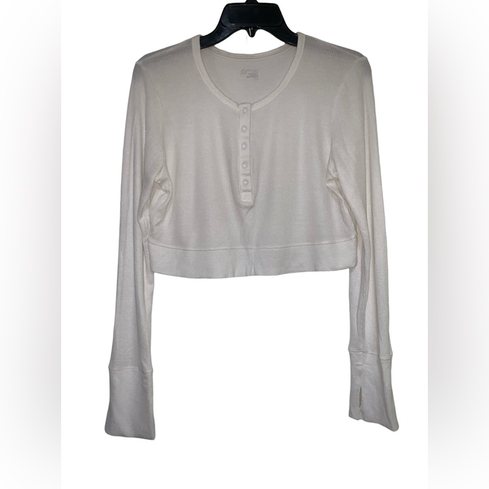 Offline by Aerie Women's Henley Crop Top Long Sleeve White Waffle Texture Size L